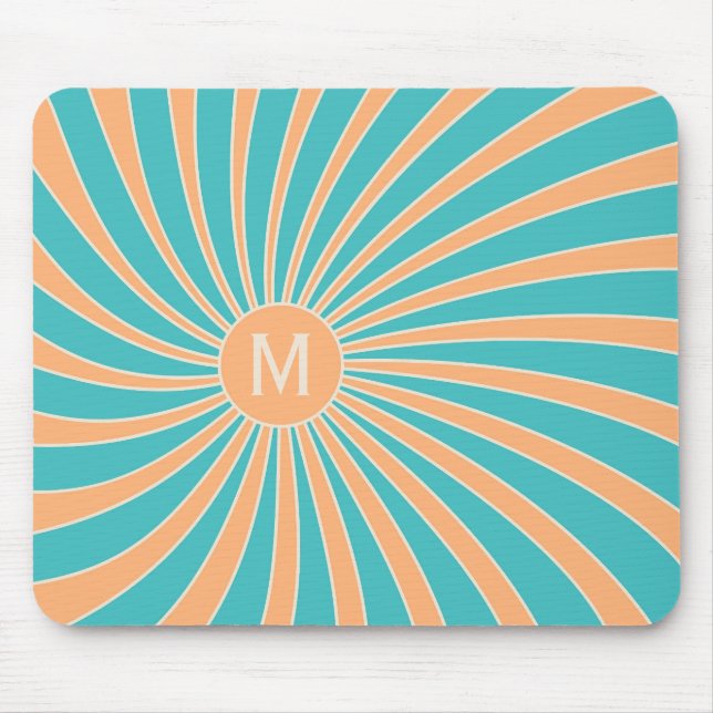 Peach and turquoise retro style sunburst design mouse mat (Front)