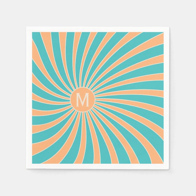 Peach and turquoise retro style sunburst design napkin (Front)