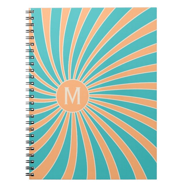 Peach and turquoise retro style sunburst design notebook (Front)