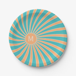 Peach and turquoise retro style sunburst design paper plate
