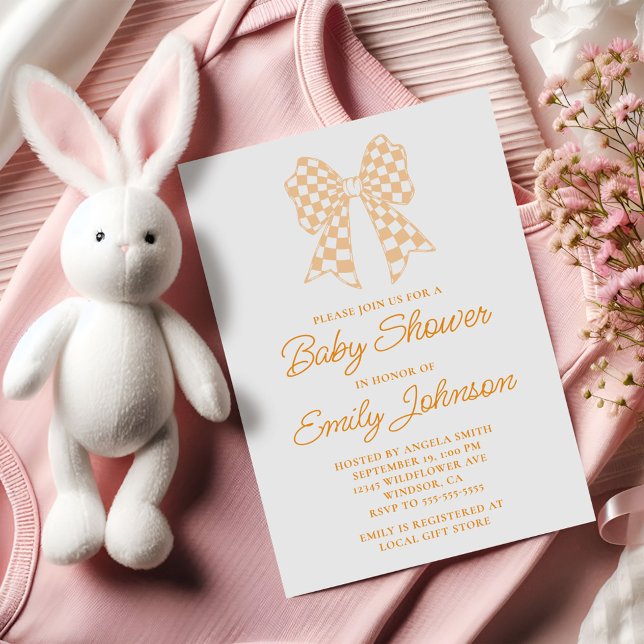 Peach and White Chequered Bow Baby Shower Invitation (Peach and White Checker Bow Baby Shower Invitation)