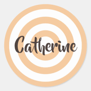 Peach and White Circles Dark Brown Name Classic Round Sticker