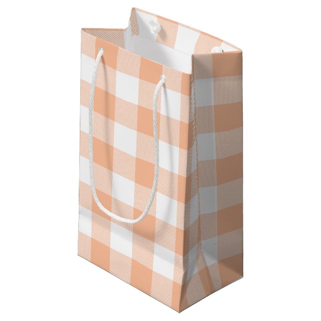 Peach and White Country Gingham Small Gift Bag (Front Angled)
