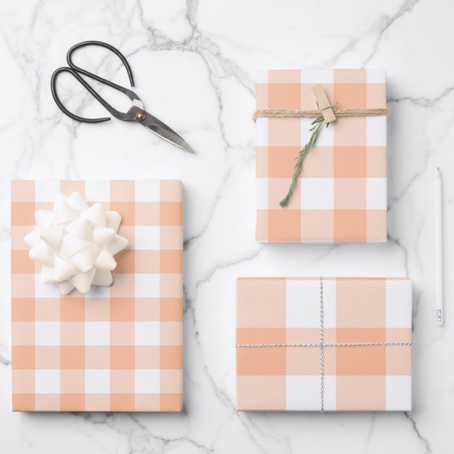 Peach and White Country Gingham Wrapping Paper Sheet (Front)