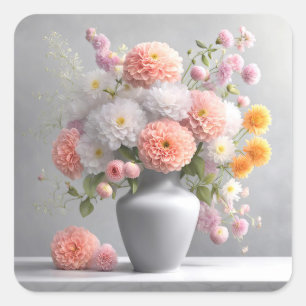 Peach and White Dahlia Bouquet Square Sticker