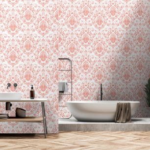 Peach and White Damask Floral peel and stick Wallpaper