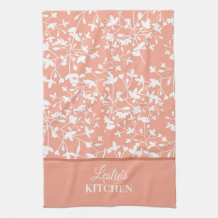 Peach and White Floral Monogrammed Tea Towel