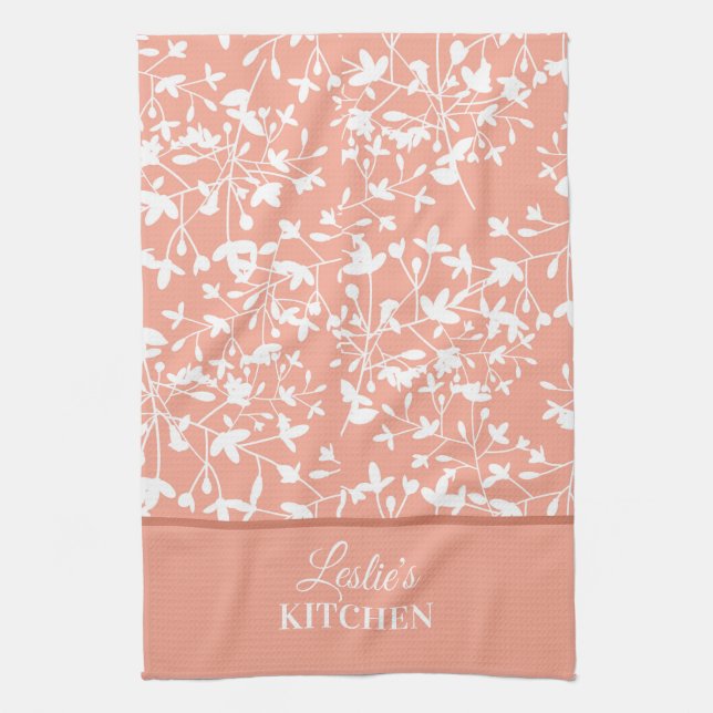Peach and White Floral Monogrammed Tea Towel (Vertical)