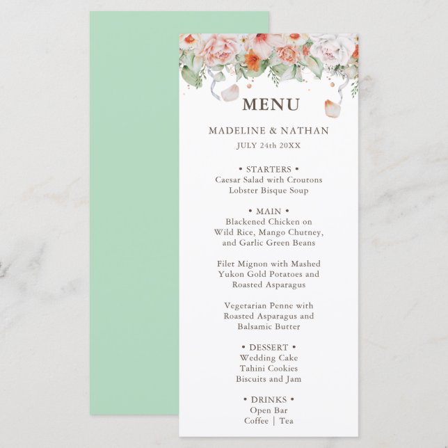 Peach and White Floral Wedding Dinner Menu (Front/Back)