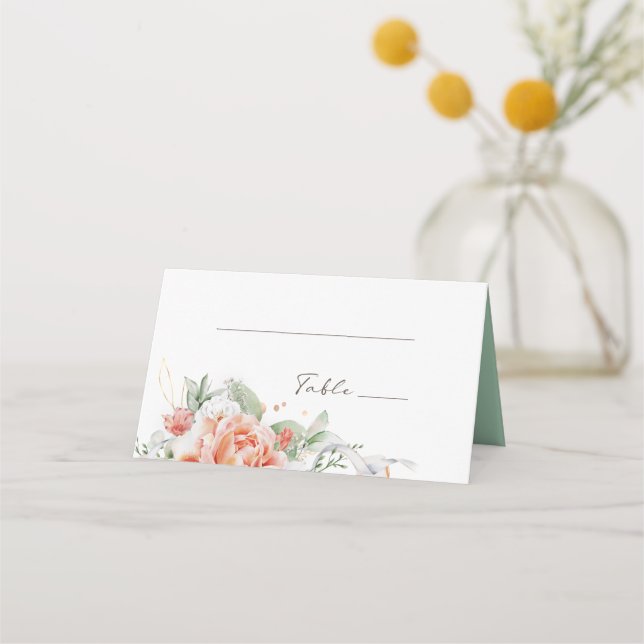 Peach and White Floral Wedding Place Cards (Front)