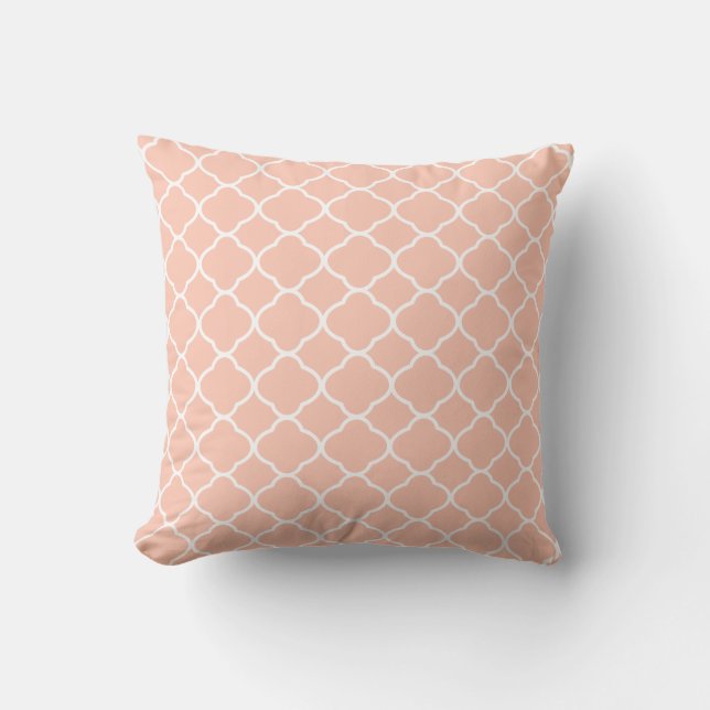 Peach and White Geometric Quatrefoil Pattern Cushion (Front)