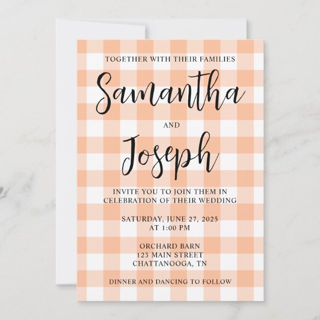 Peach and White Gingham Country Wedding Invitation (Front)