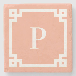 Peach and White Greek Key Border Monogram Stone Coaster