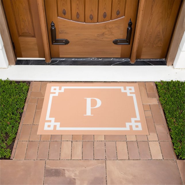 Peach and White Greek Key Frame Monogram Doormat (Outdoor)