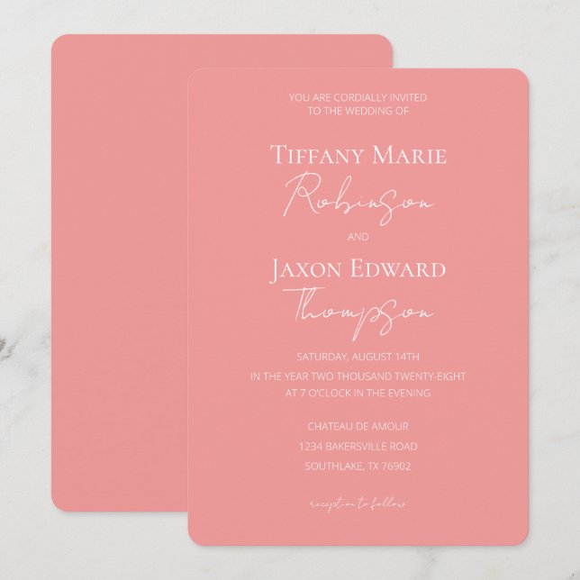 Peach and White Minimalist Elegance Wedding Invitation (Front/Back)