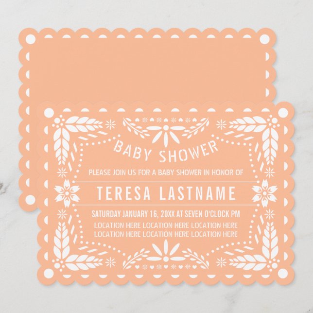 Peach and white papel picado baby girl shower invitation (Front/Back)