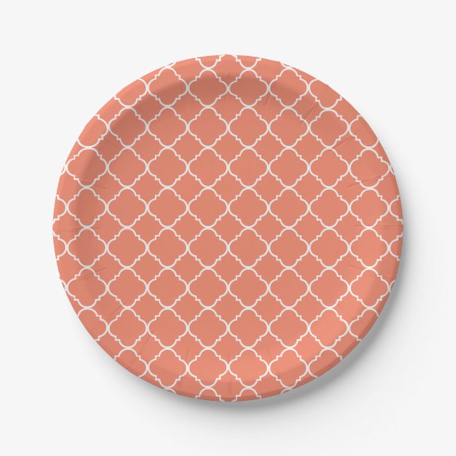 Peach and White Quatrefoil Paper Plate (Front)