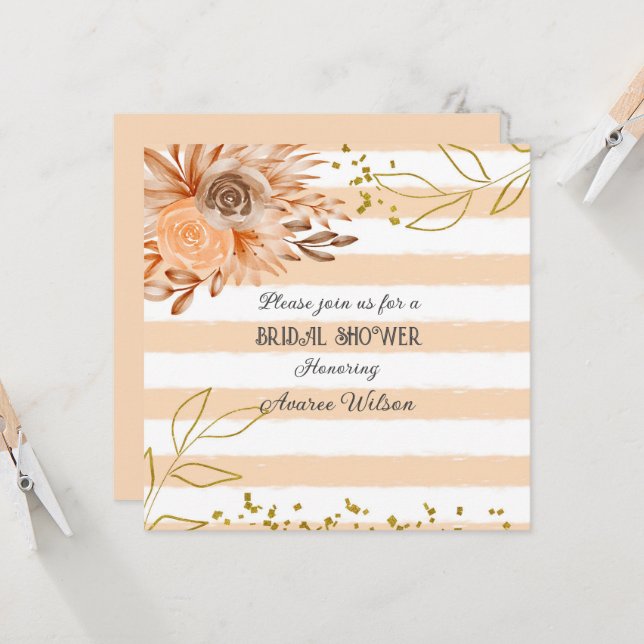 Peach and White Striped With Gold Shower Invitation (Front/Back In Situ)
