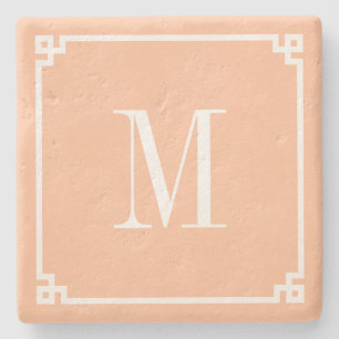 Peach and White Thin Greek Key Border Monogram Stone Coaster