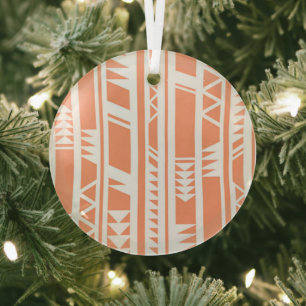 Peach and white tribal print pattern glass tree decoration