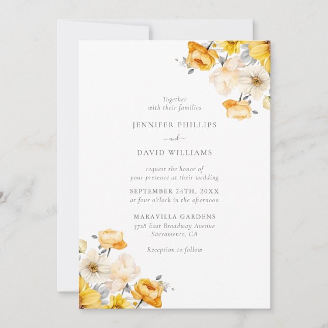 Peach and Yellow Minimalist Floral Wedding Invitation (Front)