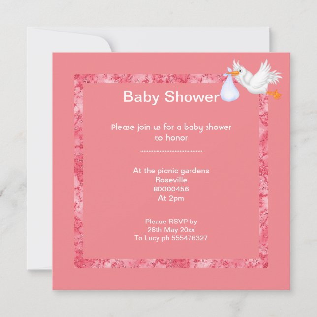 Peach Apricot Marble Silver baby shower stork Invitation (Front)