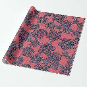 PEACH APRICOT NAVY LACE PATTERN WRAPPING PAPER