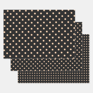 Peach Apricot Polka Dots on a Black Background Wrapping Paper Sheet