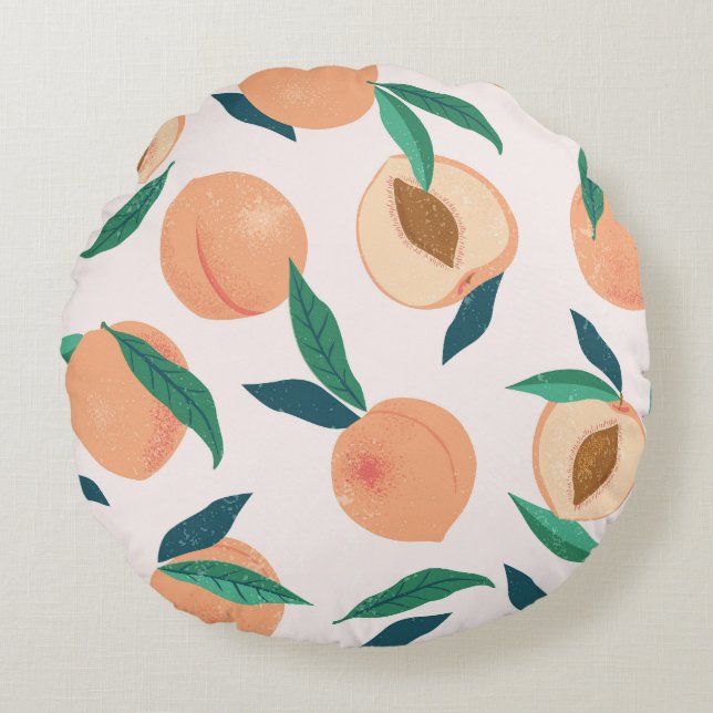 Peach Apricot: Tropical Seamless Pattern. Round Cushion (Front)