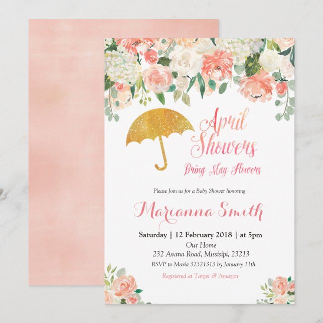 Peach April Shower Bring May Flowers Invitation (Front/Back)