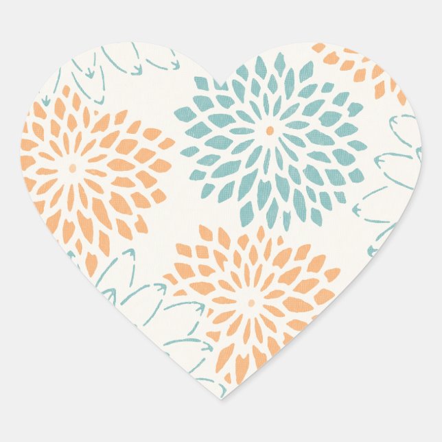 Peach Aqua Floral Blossoms Heart Sticker (Front)