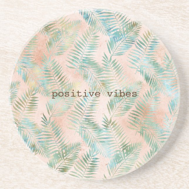 Peach Aqua Green Tropical Leaves Coaster (Front)