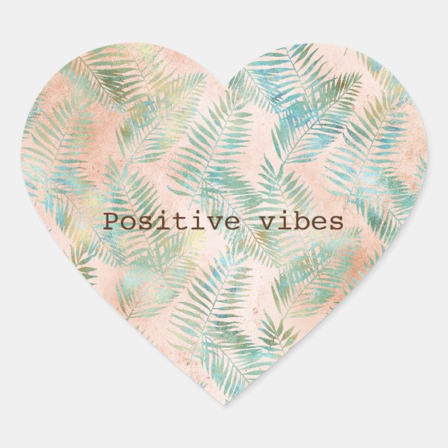 Peach Aqua Green Tropical Leaves Heart Sticker (Front)