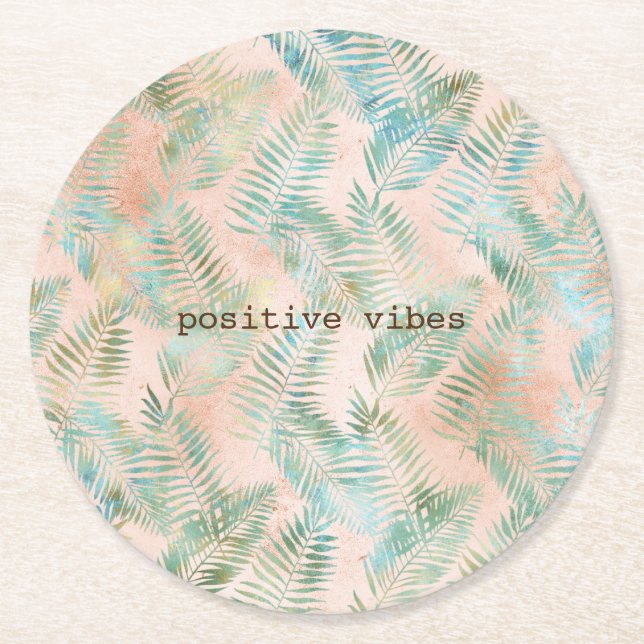 Peach Aqua Green Tropical Leaves Round Paper Coaster (Front)