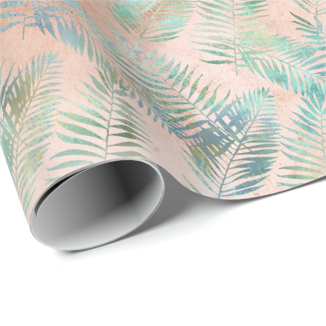 Peach Aqua Green Tropical Leaves Wrapping Paper (Roll Corner)