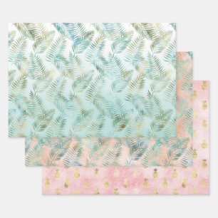 Peach Aqua Green Tropical Leaves Wrapping Paper Sheet