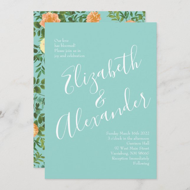 Peach & Aqua Peony & Rose Floral Wedding Invitation (Front/Back)