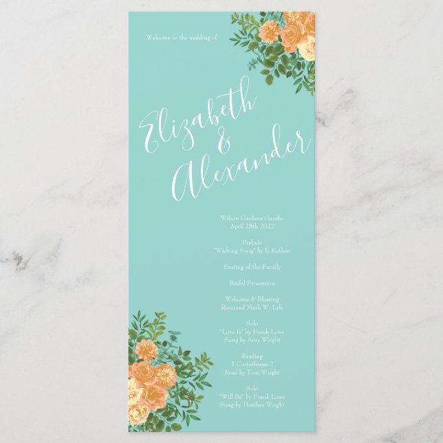 Peach & Aqua Peony & Rose Floral Wedding Programs Menu (Front)