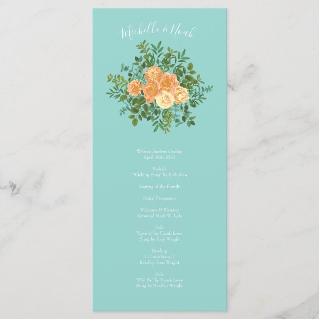 Peach & Aqua Peony & Rose Floral Wedding Programs Menu (Front)