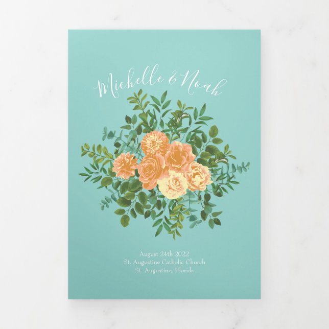 Peach & Aqua Peony & Rose Floral Wedding Programs Tri-Fold Programme (Cover)