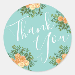 Peach Aqua Teal Wedding Roses Floral Classic Round Sticker