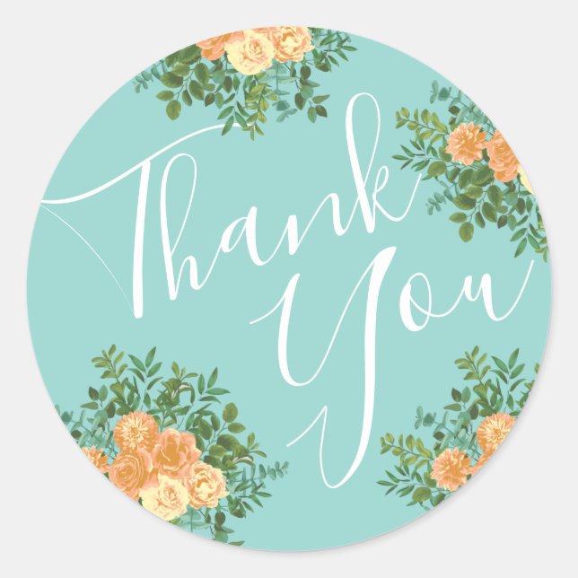 Peach Aqua Teal Wedding Roses Floral Classic Round Sticker (Front)