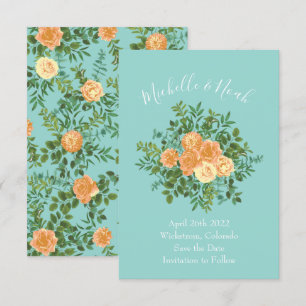 Peach Aqua Teal Wedding Roses Floral Invitation