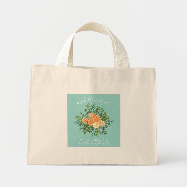Peach Aqua Teal Wedding Roses Floral Mini Tote Bag (Front)