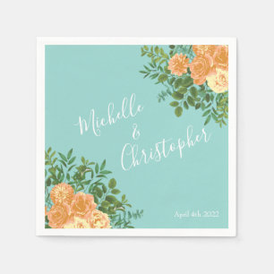 Peach Aqua Teal Wedding Roses Floral Napkin