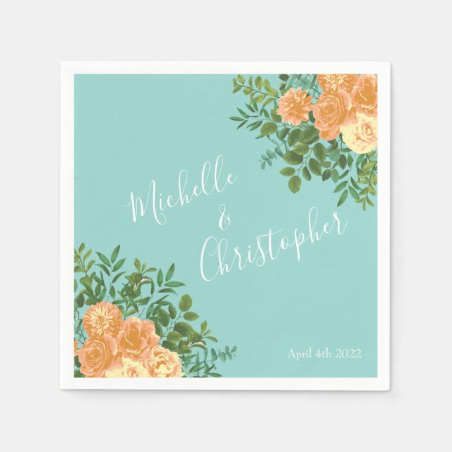 Peach Aqua Teal Wedding Roses Floral Napkin (Front)