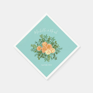 Peach Aqua Teal Wedding Roses Floral Napkin