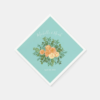 Peach Aqua Teal Wedding Roses Floral Napkin