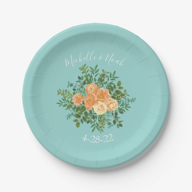 Peach Aqua Teal Wedding Roses Floral Paper Plate (Front)