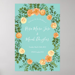 Peach Aqua Teal Wedding Roses Floral Poster